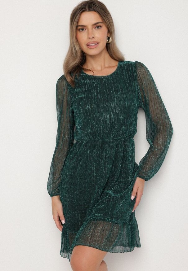 Born2be - Ciemnozielona Sukienka z Wiskozy Ozdobiona Metaliczną Nicią Meliorea. Kolor: zielony. Materiał: wiskoza. Wzór: aplikacja. Styl: klasyczny, elegancki