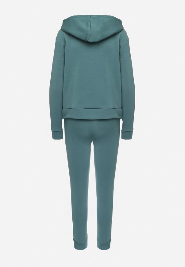 Born2be - Zielony Ocieplany Komplet Dresowy z Bawełny Joggery i Bluza z Kapturem i Nadrukiem Filola. Kolor: zielony. Materiał: bawełna, dresówka. Wzór: nadruk