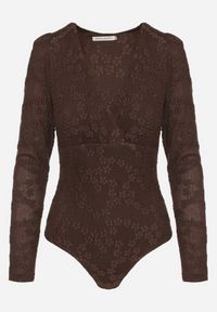 Born2be - Brązowe Kopertowe Body z Długim Rękawem Zdobione Wzorem w Kwiaty Zennesa. Okazja: na co dzień. Typ kołnierza: dekolt w serek. Kolor: brązowy. Materiał: jeans. Długość rękawa: długi rękaw. Długość: długie. Wzór: aplikacja, kwiaty. Styl: casual, elegancki #5