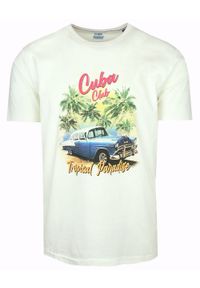Męski T-Shirt marki Pioneer - Ecru, Nadruk ze Starym Samochodem. Materiał: bawełna. Wzór: nadruk. Sezon: lato. Styl: retro #1