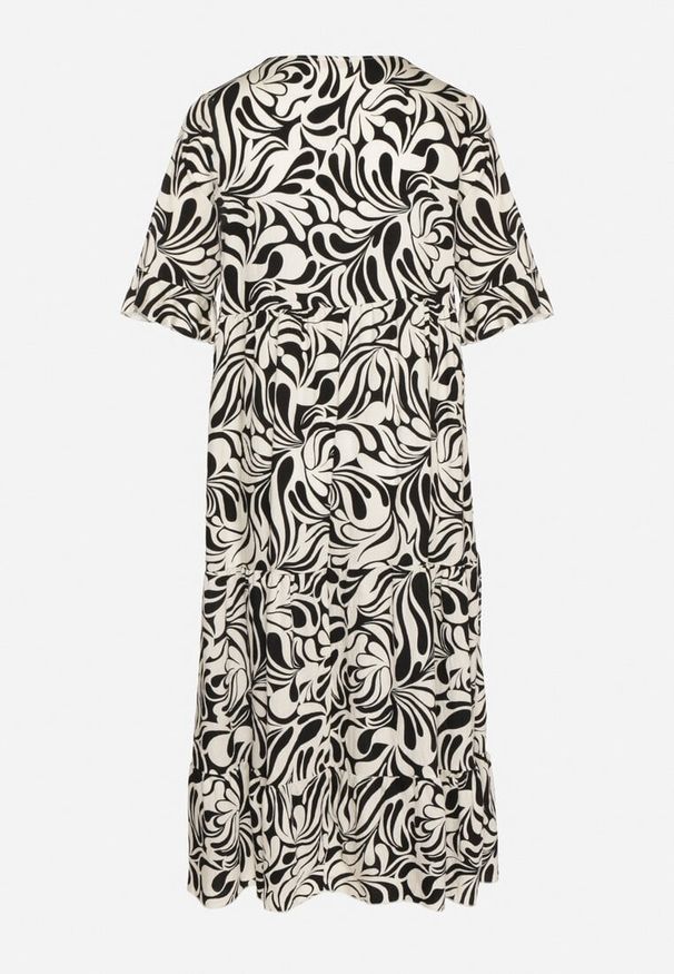 Born2be - Czarna Sukienka z Wiskozy o Prostym Kroju z Wiązaniem w Roślinny Wzór Edirania. Okazja: na co dzień. Typ kołnierza: dekolt w serek. Kolekcja: plus size. Kolor: czarny. Wzór: aplikacja. Typ sukienki: proste. Materiał: wiskoza. Długość rękawa: krótki rękaw. Styl: klasyczny, elegancki, casual