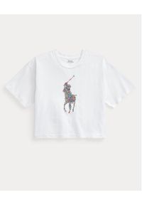 RALPH LAUREN - Krótki t-shirt damski Polo Ralph Lauren. Typ kołnierza: polo. Kolor: biały. Materiał: dzianina. Długość: krótkie. Wzór: kolorowy #5