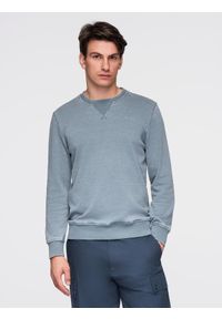 Ombre Clothing - Washowana bluza męska z ozdobnym przeszyciem przy dekolcie - jasnoniebieska V3 - Rozmiar: S. Kolor: niebieski. Materiał: materiał, bawełna, jeans, poliester. Wzór: haft #1