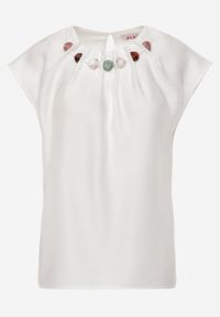 Born2be - Biała Wiskozowa Bluzka w Stylu Boho z Aplikacją z Imitacji Kamieni Rosunte. Okazja: na co dzień. Kolor: biały. Materiał: wiskoza. Długość: długie. Wzór: aplikacja. Styl: boho #5