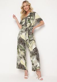 Born2be - Zielony Kombinezon z Gumką w Pasie Zapinany na Guziki z Materiałowym Paskiem Efity. Okazja: na spotkanie biznesowe. Kolor: zielony. Materiał: materiał. Długość rękawa: krótki rękaw. Długość: krótkie. Styl: biznesowy #4