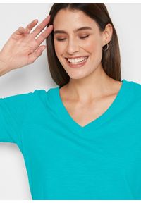 bonprix - T-shirt z czystej bawełny. Typ kołnierza: dekolt w serek. Kolor: niebieski. Materiał: bawełna. Długość rękawa: krótki rękaw. Długość: krótkie #2