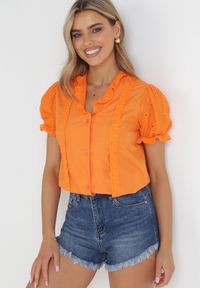 Born2be - Pomarańczowa Koszula z Bufiastymi Rękawami i Koronkowymi Tasiemkami Jasly. Kolor: pomarańczowy. Materiał: koronka. Długość rękawa: krótki rękaw. Długość: krótkie. Wzór: aplikacja. Sezon: wiosna, lato #1