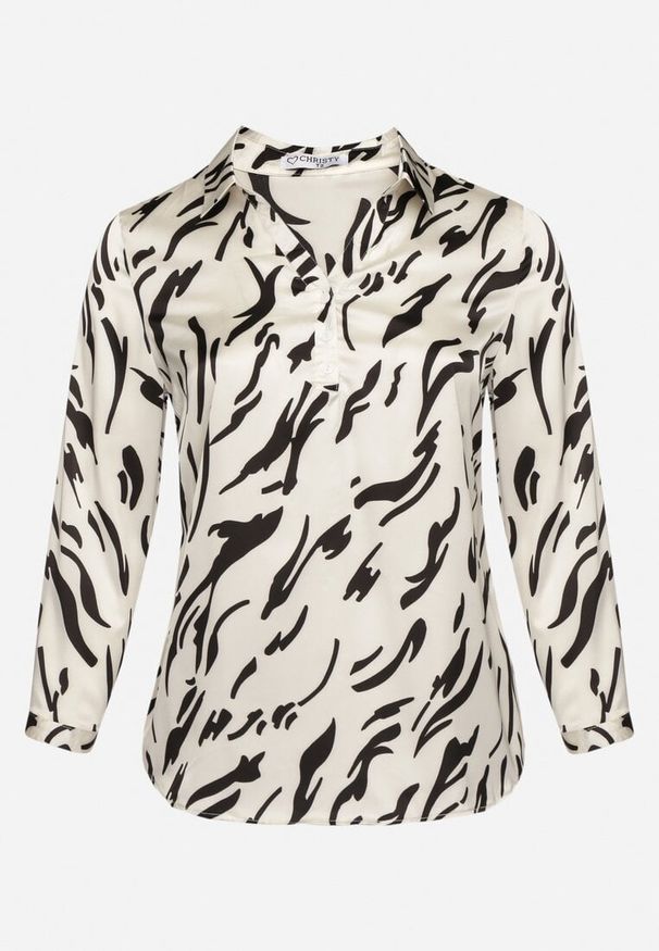 Born2be - Biała Koszula z Motywem Pasków i Podpinanymi Rękawami Iloreth. Okazja: na co dzień. Typ kołnierza: dekolt w serek, kołnierzyk klasyczny. Kolor: biały. Materiał: jeans. Styl: klasyczny, casual