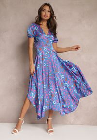 Renee - Niebieska Sukienka Maxi z Gumką w Talii i Asymetrycznym Dołem Amparo. Kolor: niebieski. Typ sukienki: asymetryczne. Długość: maxi #1