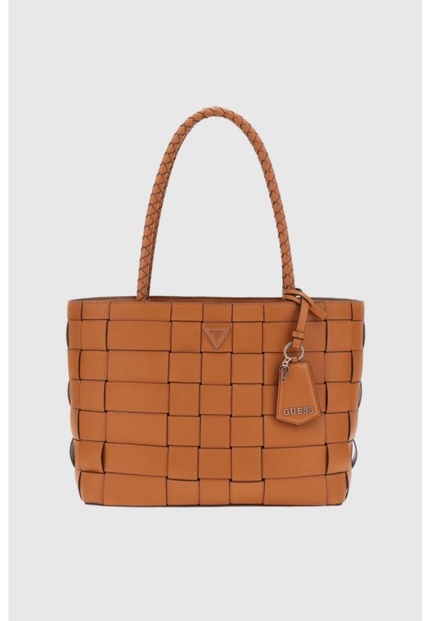 Guess - GUESS Brązowa shopperka damska Maylee. Kolor: brązowy. Materiał: skórzane