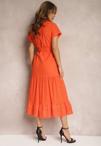 Renee - Pomarańczowa Koszulowa Sukienka z Ażurowej Bawełny Wiązana w Talii Lulilena. Okazja: na spacer. Kolor: pomarańczowy. Materiał: bawełna. Długość rękawa: krótki rękaw. Wzór: ażurowy. Sezon: lato. Typ sukienki: koszulowe. Styl: elegancki #5