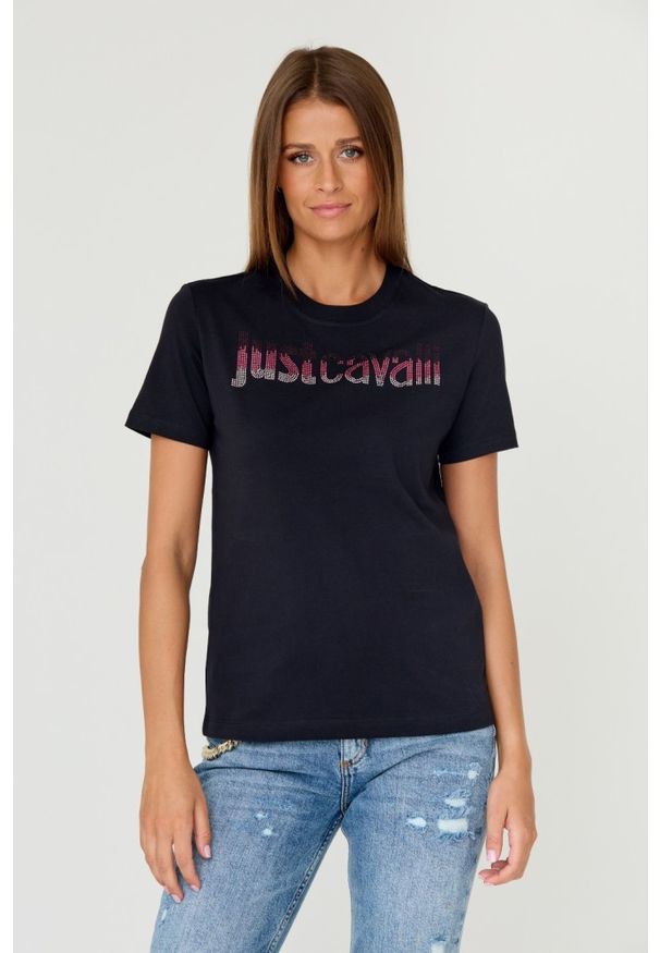 Just Cavalli - JUST CAVALLI Czarny damski t-shirt R LOGO CRYSTAL, Rozmiar L. Kolor: czarny. Materiał: bawełna