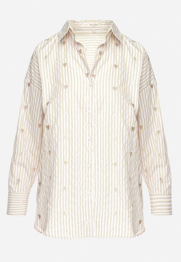 Born2be - Jasnobeżowa Koszula Bawełniana w Paski z Haftowanymi Serduszkami Sanileni. Kolor: beżowy. Materiał: bawełna. Wzór: haft, paski
