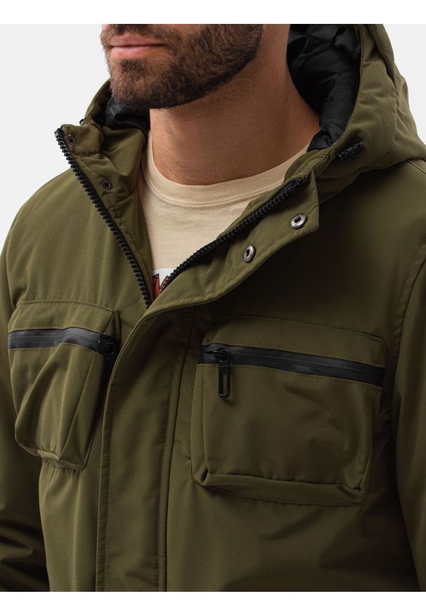 Ombre Clothing - Kurtka męska zimowa C450 - khaki - XXL. Kolor: brązowy. Materiał: poliester. Wzór: aplikacja. Sezon: zima