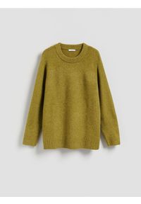 Reserved - Gładki sweter - oliwkowy. Kolor: oliwkowy. Materiał: wełna, dzianina. Wzór: gładki