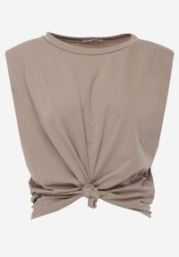 Born2be - Beżowy Bawełniany Top Oversize Bez Rękawów z Wiązaniem i Poduszkami w Ramionach Apixie. Okazja: na co dzień. Kolor: beżowy. Materiał: bawełna. Długość rękawa: bez rękawów. Styl: elegancki, casual #5