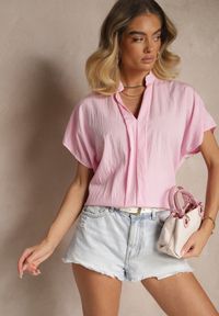 Renee - Różowa Bluzka Oversize z Wiskozą o Kroju Nietoperz z Dekoltem w Serek Davithiel. Okazja: na co dzień. Typ kołnierza: dekolt w serek. Kolor: różowy. Materiał: wiskoza. Styl: casual, elegancki #5