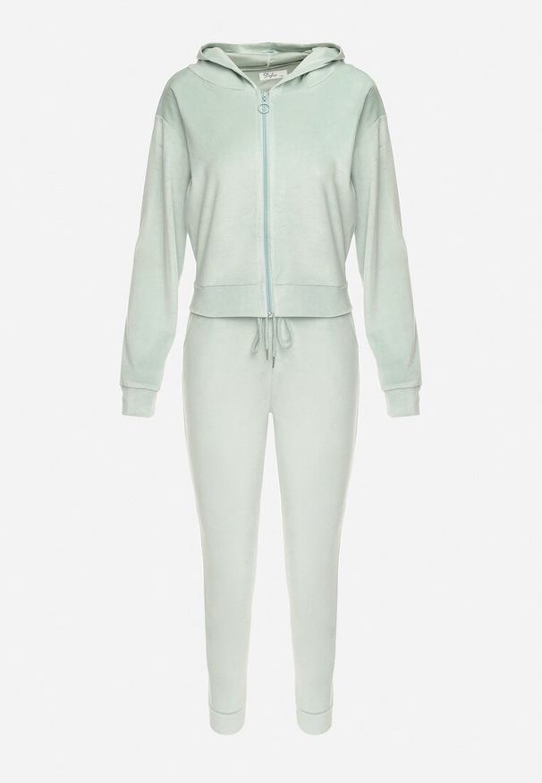 Born2be - Jasnozielony Welurowy Komplet Dresowy Bluza z Kapturem i Spodnie Petyra. Kolor: zielony. Materiał: dresówka, welur. Wzór: jednolity