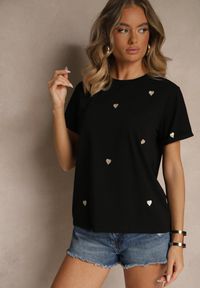 Renee - Czarny Bawełniany T-shirt z Motywem Serc Aramiraa. Okazja: na co dzień. Kolor: czarny. Materiał: bawełna. Styl: casual #3