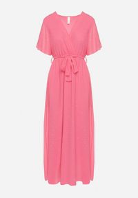 Born2be - Fuksjowa Brokatowa Sukienka Koktajlowa Ozdobiona Paskiem Ziliane. Okazja: na imprezę. Kolor: różowy. Wzór: aplikacja. Styl: wizytowy #7