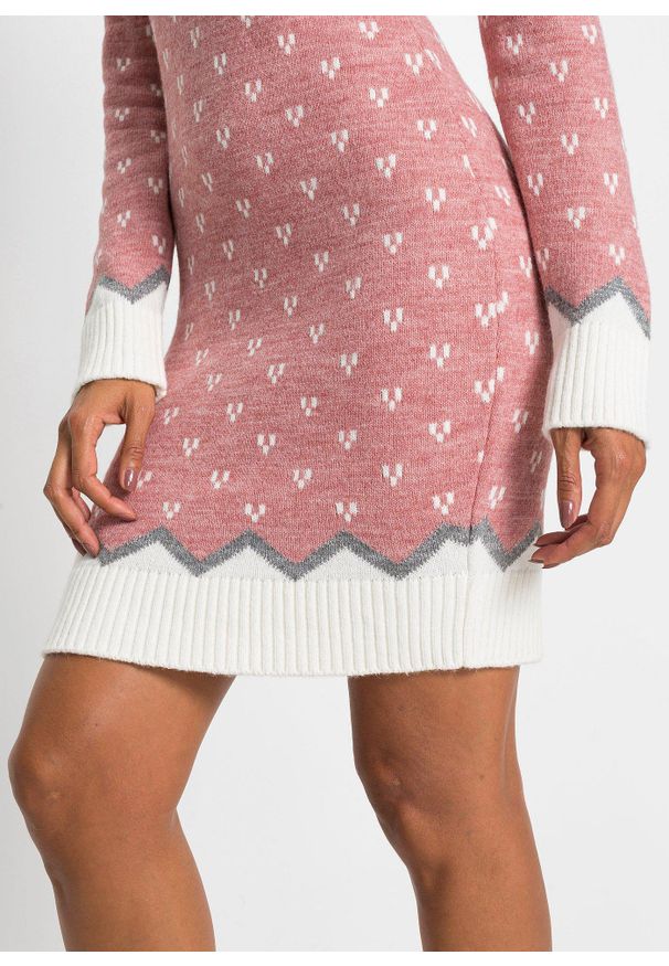bonprix - Sukienka dzianinowa w norweski wzór. Kolor: różowy. Materiał: dzianina. Sezon: zima. Styl: elegancki