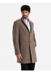 Ombre Clothing - Elegancki jednorzędowy męski płaszcz z wełną – brązowy V1 - Rozmiar: M. Kolor: brązowy. Materiał: wełna. Wzór: ze splotem, paski. Sezon: zima. Styl: elegancki #9