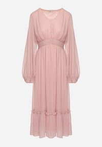 Born2be - Różowa Sukienka Koktajlowa z Bufiastymi Rękawami Falbankami i Ozdobnymi Guzikami Binxa. Typ kołnierza: kołnierz z falbankami. Kolor: różowy. Styl: wizytowy #3