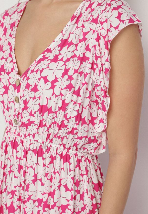 Born2be - Fuksjowa Bawełniana Sukienka w Kwiatki o Rozkloszowanym Kroju z Gumką Alanilia. Okazja: na co dzień. Typ kołnierza: dekolt w kształcie V. Kolor: różowy. Wzór: kwiaty. Typ sukienki: rozkloszowane. Materiał: bawełna. Długość rękawa: krótki rękaw. Sezon: wiosna, lato. Styl: casual, elegancki