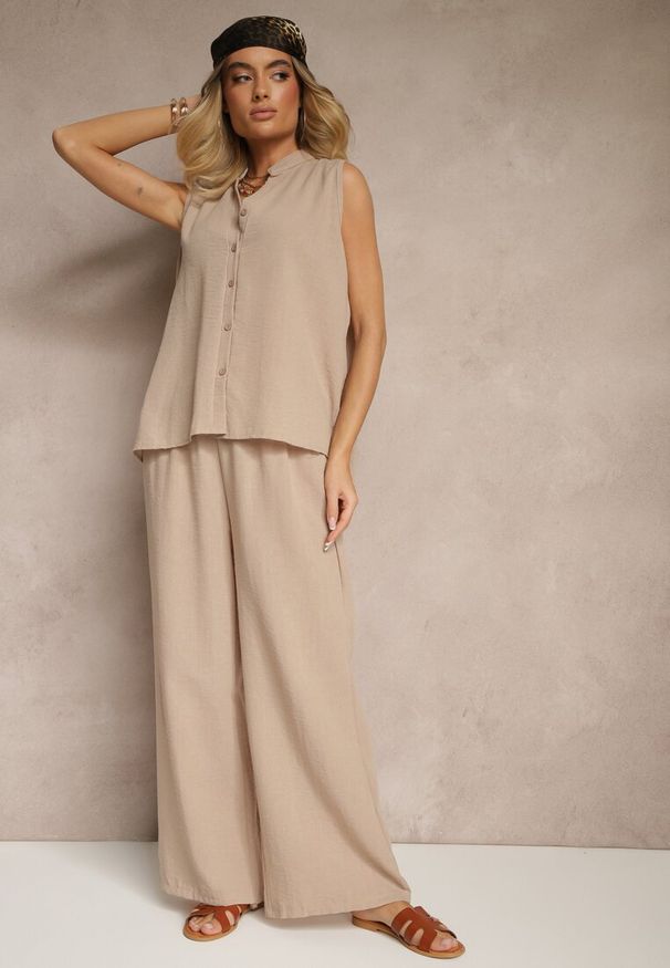 Renee - Ciemnobeżowy Komplet Koszula na Guziki bez Rękawów i Szerokie Spodnie Telaritia. Kolor: beżowy