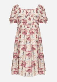 Born2be - Różowa Sukienka z Bufiastymi Rękawami i Wiązaniem przy Dekolcie z Gumką na Plecach Vikninna. Okazja: na co dzień, na randkę. Kolor: różowy. Materiał: jeans. Wzór: aplikacja, kwiaty. Sezon: lato. Styl: casual #4