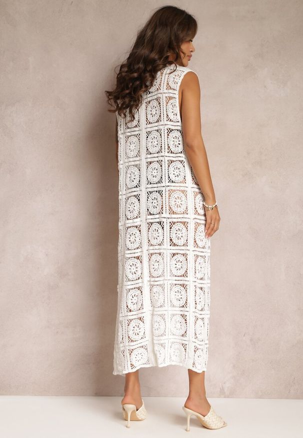 Renee - Biały Szydełkowy Kardigan Narzutka bez Rękawów z Bawełny Simra. Kolor: biały. Materiał: bawełna. Długość rękawa: bez rękawów. Długość: długie