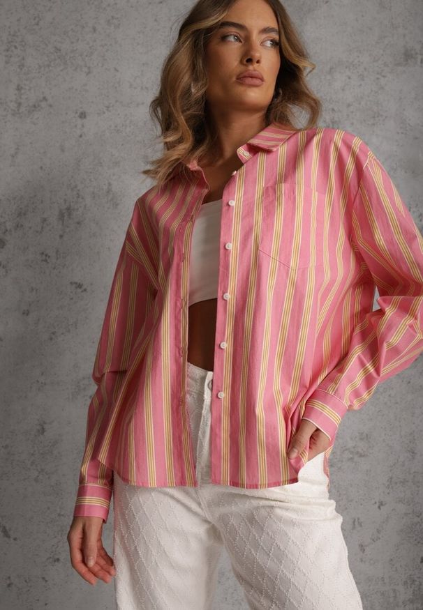 Renee - Różowa Koszula z Bawełny Oversize w Pionowe Paski Telaria. Kolor: różowy. Materiał: bawełna. Wzór: paski