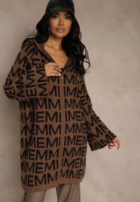 Renee - Brązowo-Czarny Kardigan na Suwak z Kapturem w Literowy Wzór Calitusa. Okazja: na co dzień. Typ kołnierza: kaptur. Kolor: brązowy. Materiał: jeans. Styl: casual #4