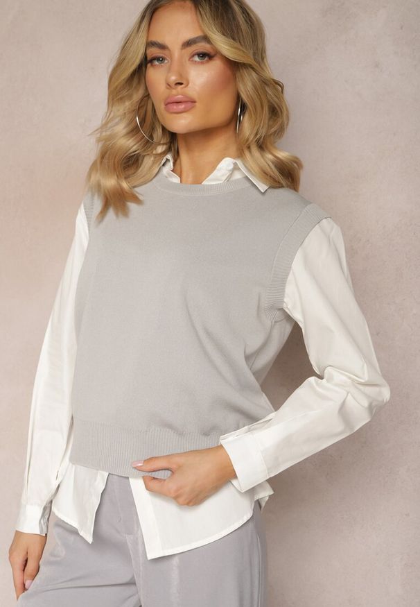 Renee - Szara Kamizelka z Klasyczną Koszulą Nellamira. Okazja: na co dzień, na spotkanie biznesowe. Kolor: szary. Materiał: prążkowany, wiskoza, jeans. Styl: klasyczny