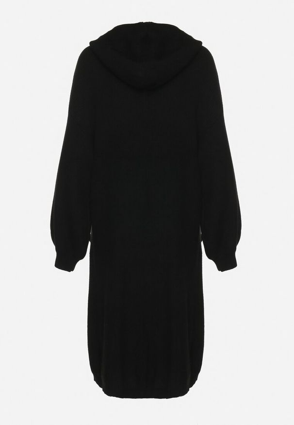 Born2be - Czarny Kardigan Nierozpinany z Kapturem i Ściągaczami Anzola. Okazja: na co dzień. Typ kołnierza: kaptur. Kolor: czarny. Materiał: jeans. Styl: casual, elegancki