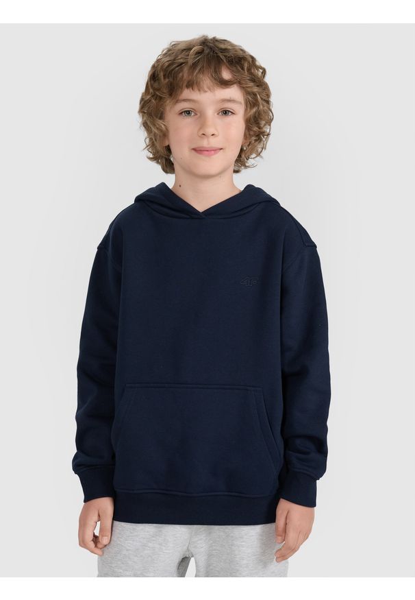 4f - 4F Bluza dresowa nierozpinana z kapturem chłopięca - granatowa 158 (12-13 lat). Okazja: na co dzień. Typ kołnierza: kaptur. Kolor: niebieski. Materiał: dresówka. Wzór: gładki, ze splotem. Sezon: lato. Styl: casual, sportowy