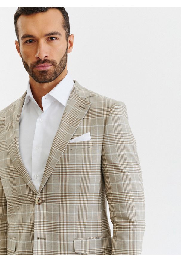 Pako Lorente - PAKO LORENTE – Beżowa marynarka męska w kratę. Kolor: beżowy. Materiał: poliester, elastan, wiskoza. Styl: boho