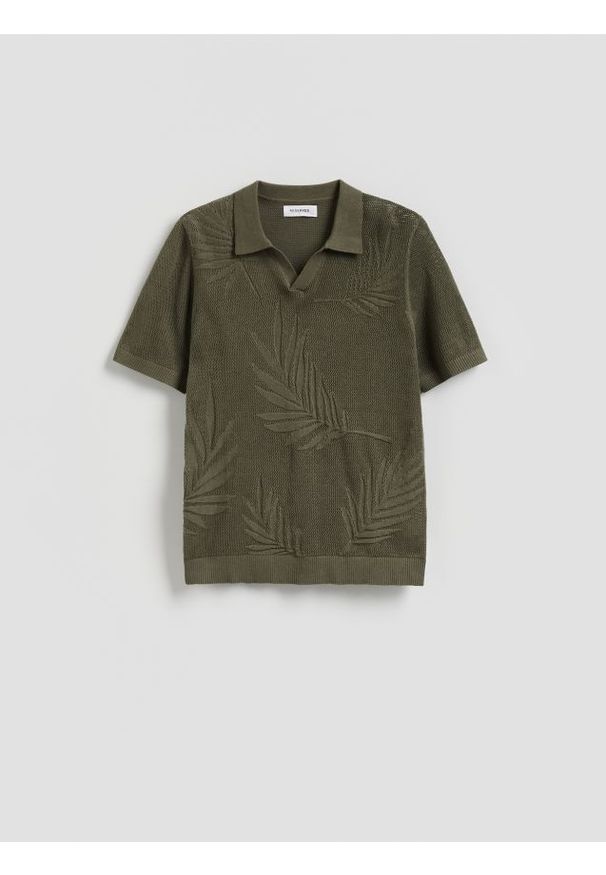 Reserved - Bawełniany sweter polo - ciemnozielony. Typ kołnierza: polo. Kolor: zielony. Materiał: bawełna