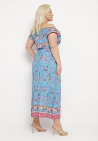 Born2be - Niebieska Sukienka na Lato Bawełniana Hiszpanka z Wzorem Paisley i Gumką w Pasie Vediana. Okazja: na co dzień, na ślub cywilny, na spacer, na wesele. Typ kołnierza: dekolt hiszpanka. Kolor: niebieski. Materiał: bawełna. Długość rękawa: na ramiączkach. Wzór: paisley. Sezon: lato. Styl: casual #3