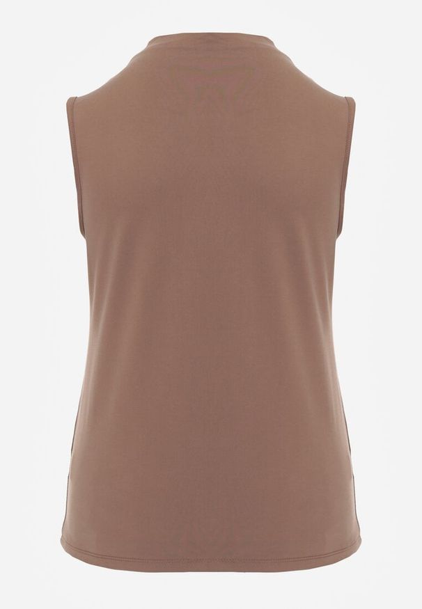 Renee - Brązowa Bluzka Top Bez Rękawów ze Stójką Nedire. Typ kołnierza: kołnierzyk stójkowy. Kolor: brązowy. Materiał: jeans, materiał, elastan, poliester. Długość rękawa: bez rękawów. Styl: elegancki