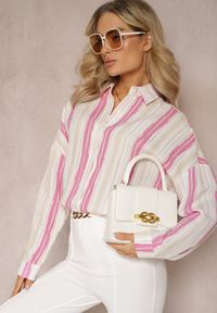 Renee - Beżowo-Fuksjowa Casualowa Koszula z Bawełny w Paski Sileata. Okazja: na co dzień. Kolor: różowy. Materiał: bawełna. Wzór: paski. Styl: casual #3