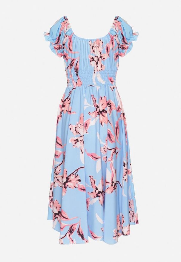 Born2be - Niebieska Sukienka w Kwiaty z Dekoltem Łódką z Bawełną o Rozkloszowanym Kroju Annilva. Okazja: na spacer, na imprezę, na co dzień. Typ kołnierza: dekolt w łódkę. Kolor: niebieski. Materiał: bawełna. Długość rękawa: krótki rękaw. Wzór: kwiaty. Sezon: wiosna, lato. Styl: klasyczny, casual, elegancki