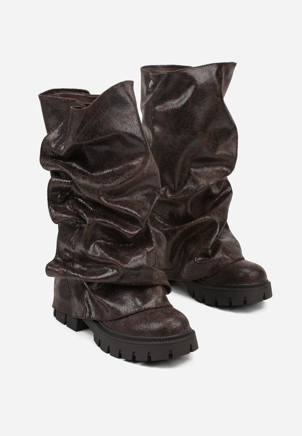 Born2be - Brązowe Botki na Grubej Podeszwie z Wywiniętą Cholewką Vidore. Kolor: brązowy. Materiał: jeans. Szerokość cholewki: normalna. Styl: elegancki