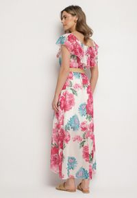 Born2be - Fuksjowa Sukienka Typu Hiszpanka w Kwiaty z Paskiem Sademire. Okazja: na co dzień. Typ kołnierza: dekolt hiszpanka. Kolor: różowy. Wzór: kwiaty. Styl: casual #3