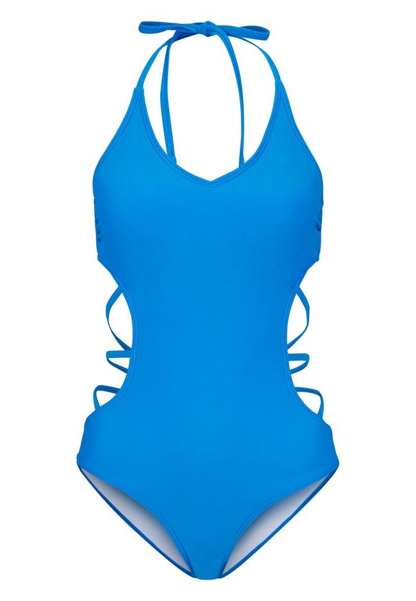 Kostium kąpielowy z przyjaznego dla środowiska materiału bonprix niebieski. Kolor: niebieski. Materiał: materiał. Wzór: aplikacja