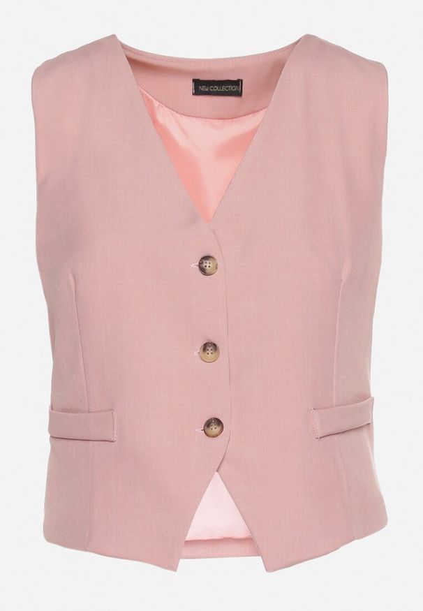 Born2be - Różowa Kamizelka Garniturowa na Guziki Raelitha. Kolor: różowy. Materiał: jeans. Wzór: aplikacja. Sezon: wiosna, jesień. Styl: elegancki