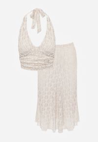 Born2be - Beżowy Koronkowy Komplet Top Wiązany na Szyi i Spódnica Corinatea. Kolor: beżowy. Materiał: koronka #8