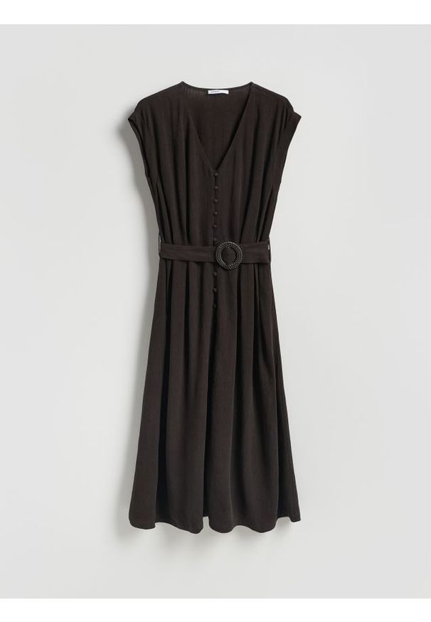 Reserved - Sukienka z dodatkiem lnu - ciemnobrązowy. Kolor: brązowy. Materiał: len