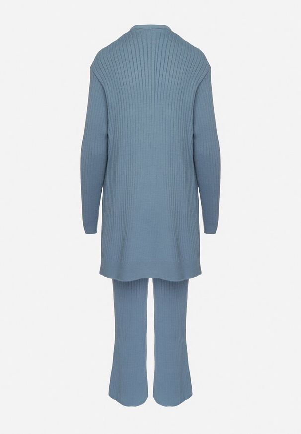 Born2be - Niebieski Komplet Dzianinowy Niezapinany Kardigan Bluzka bez Rękawów i Szerokie Spodnie Irissarae. Kolor: niebieski. Materiał: dzianina