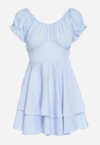 Born2be - Jasnoniebieska Sukienka z Bawełną Bufiastymi Rękawami i Falbankami Maveleira. Typ kołnierza: kołnierz z falbankami. Kolor: niebieski. Materiał: bawełna. Styl: elegancki #3